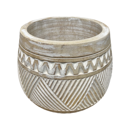 Yani Carved Timber Bowl Planter Whitewash 4 sizes