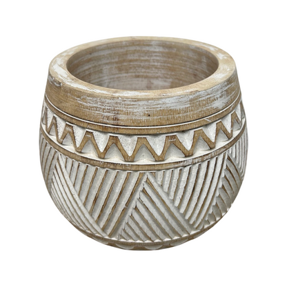 Yani Carved Timber Bowl Planter Whitewash 4 sizes