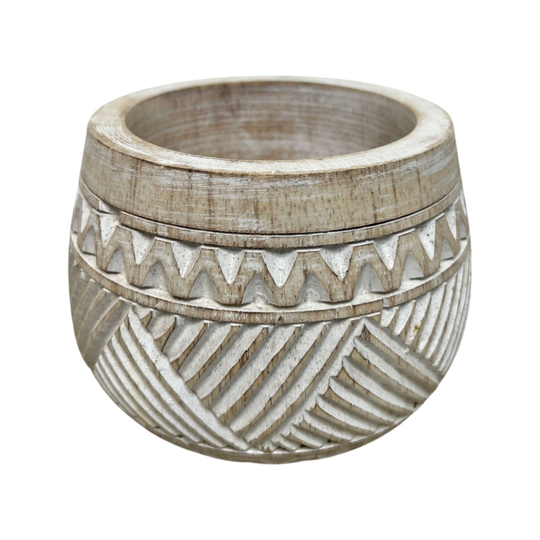 Yani Carved Timber Bowl Planter Whitewash 4 sizes