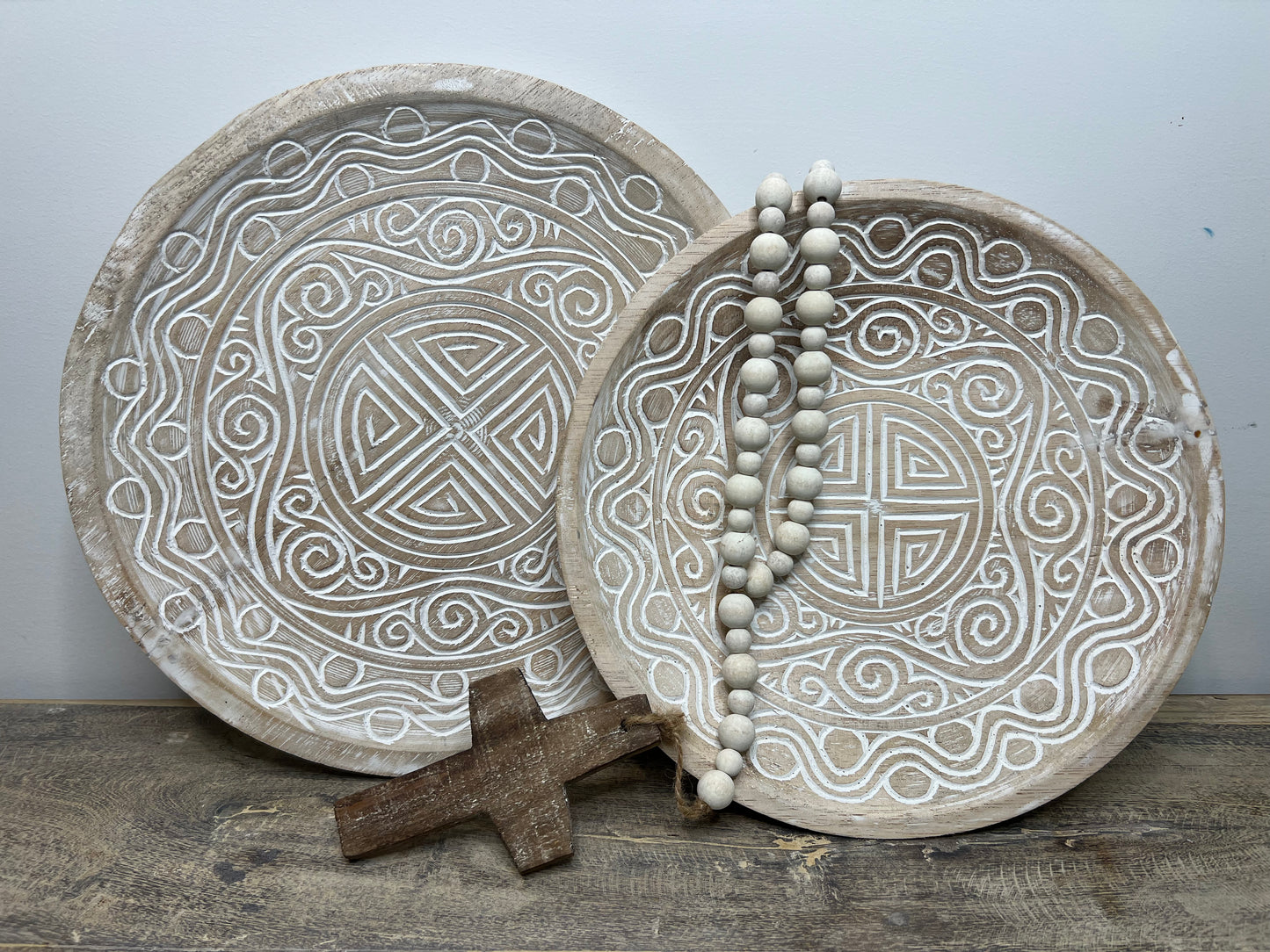 Ani Carved Timber Plate Whitewash 2 sizes