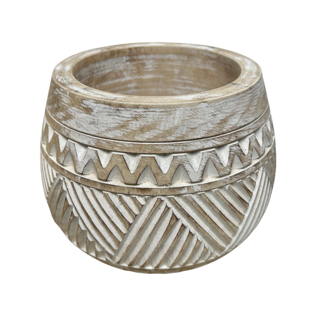 Yani Carved Timber Bowl Planter Whitewash 4 sizes