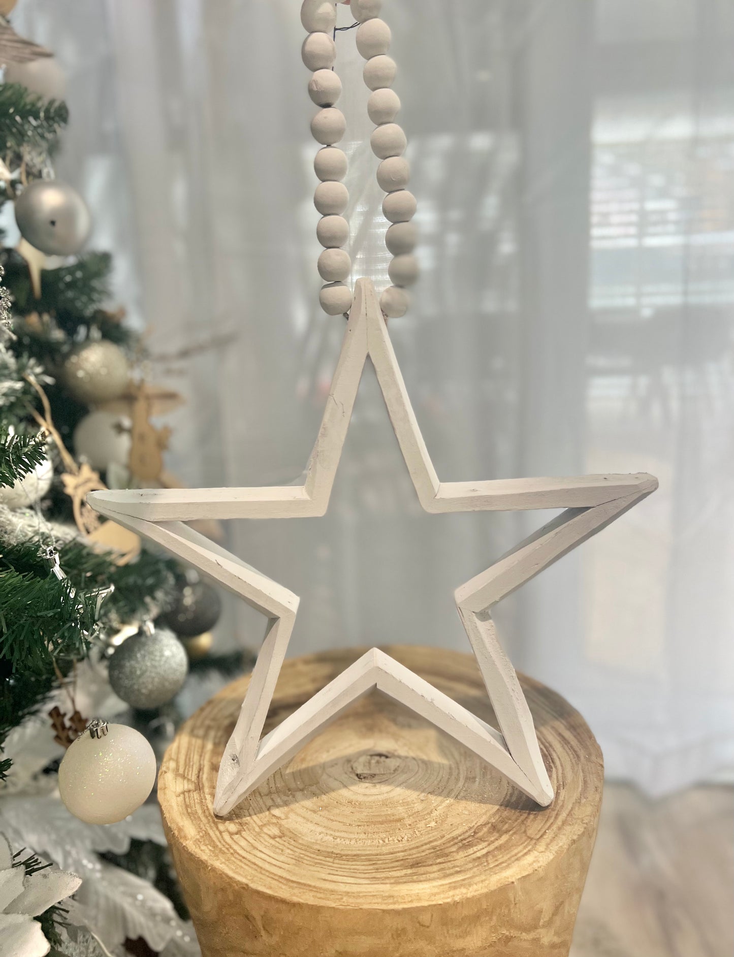 White Wooden Hanging Star with Beads