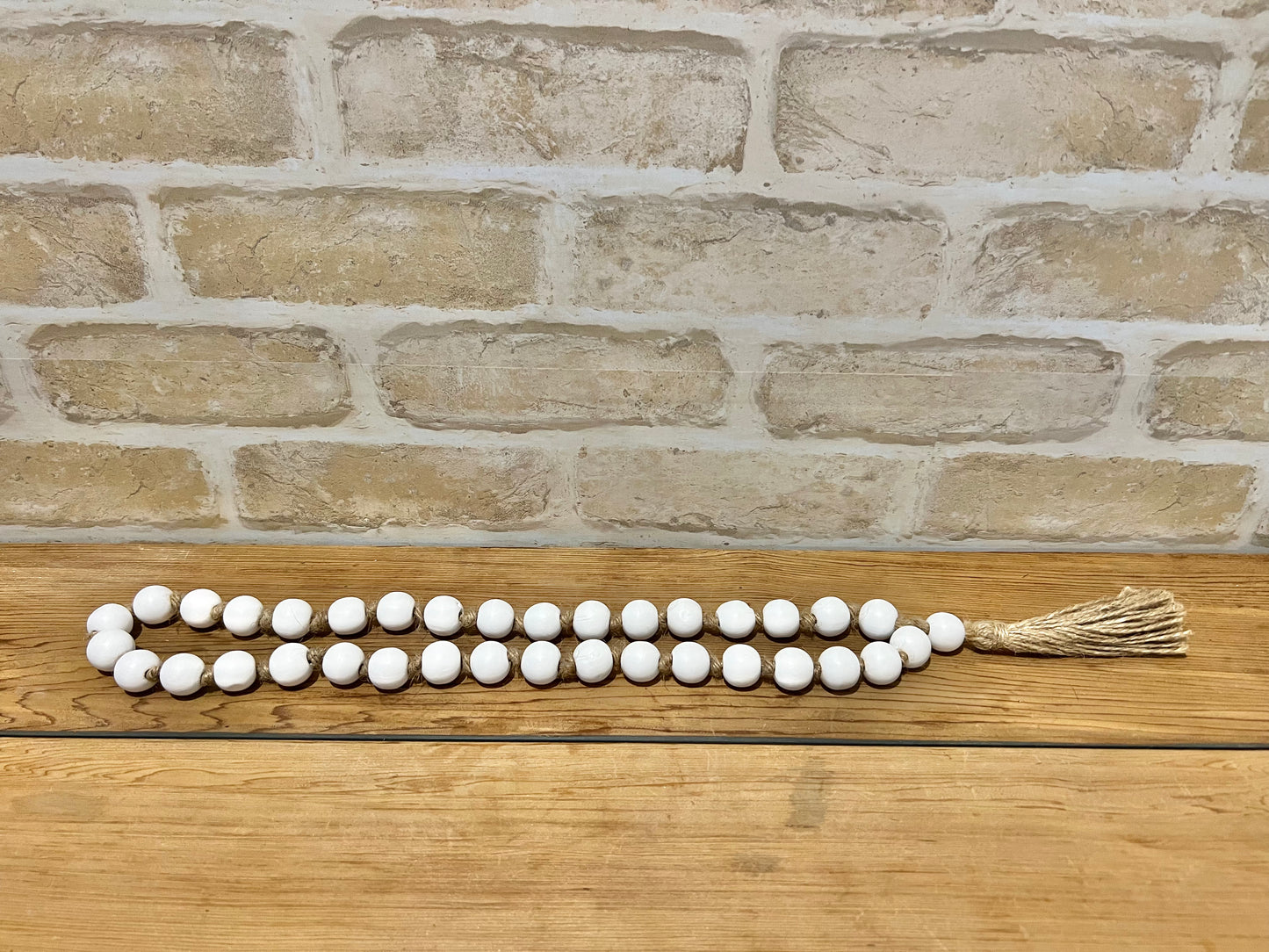 Wooden Beaded Garland with Twine Tassel White