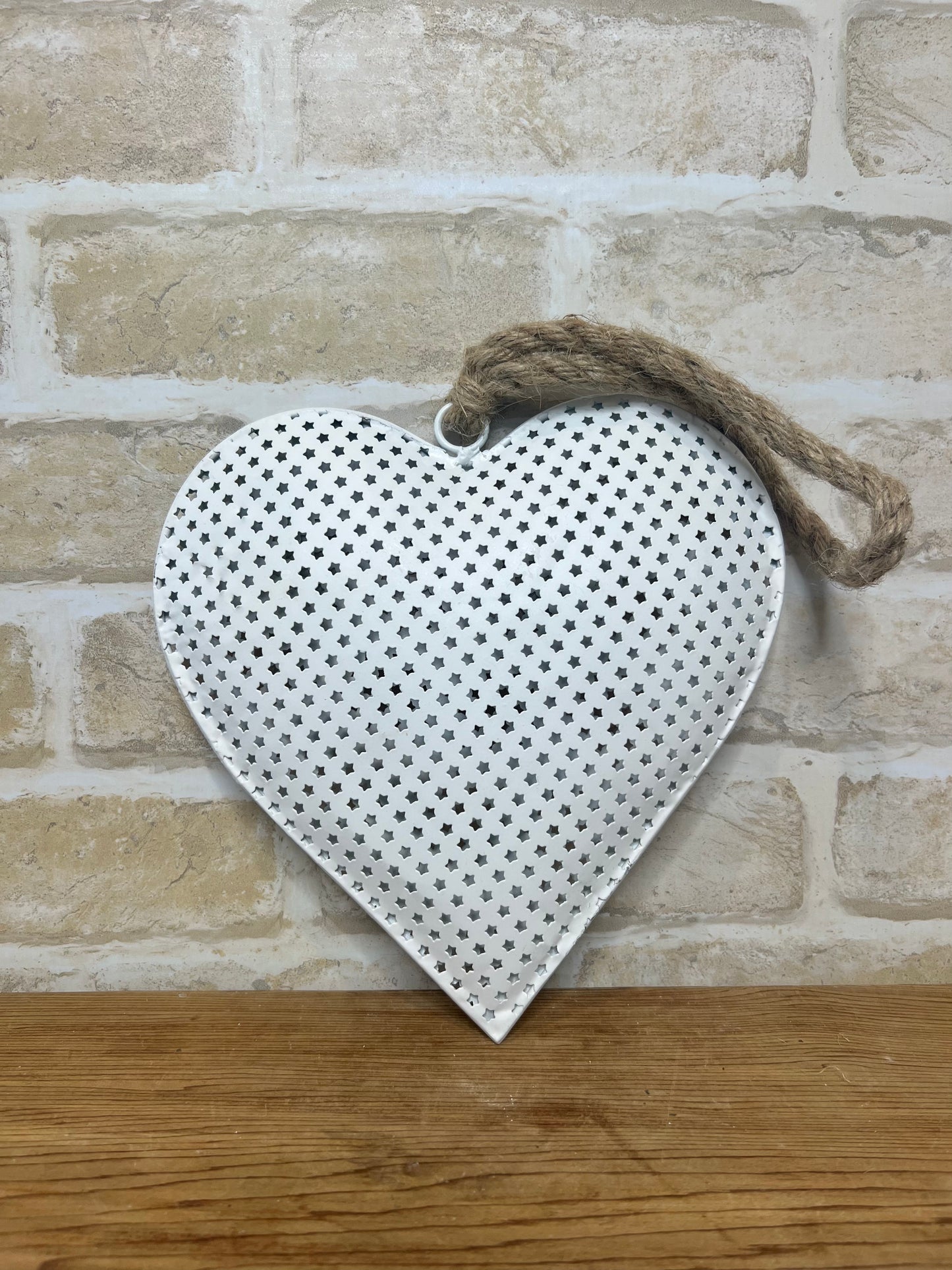 Hanging Metal Heart White with Rope 2 sizes