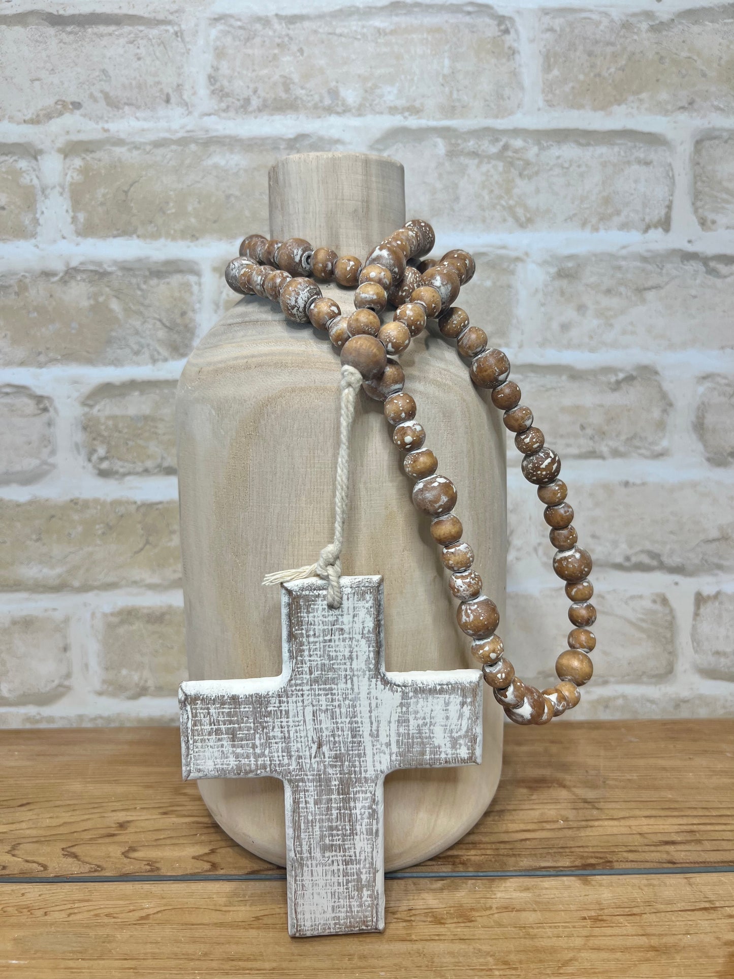 Wooden Bead Garland with White Cross