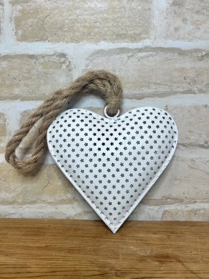 Hanging Metal Heart White with Rope 2 sizes