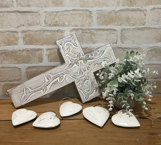 Carved White Wooden Cross