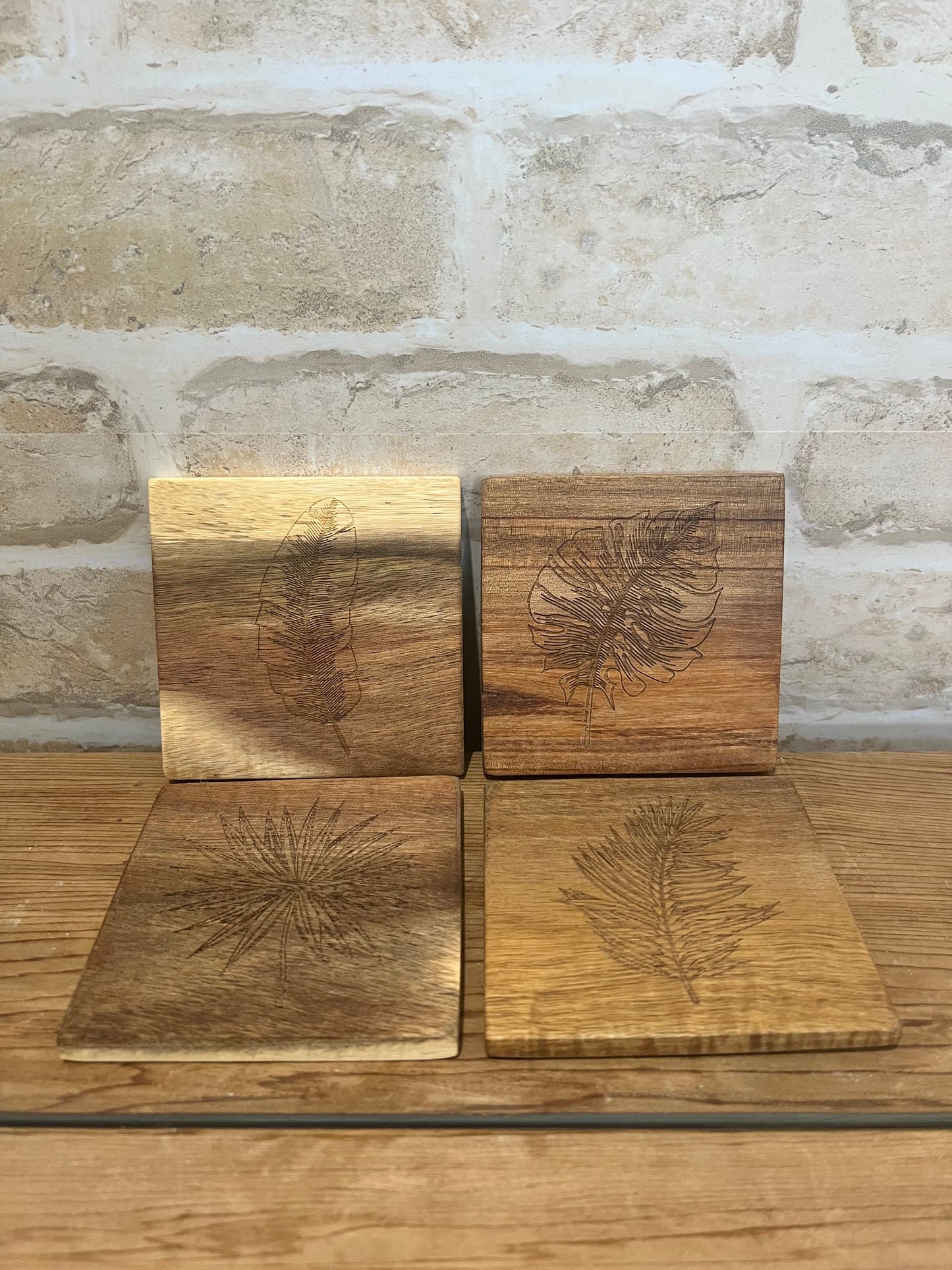 Engraved Leaf Acacia Coasters Set of 4