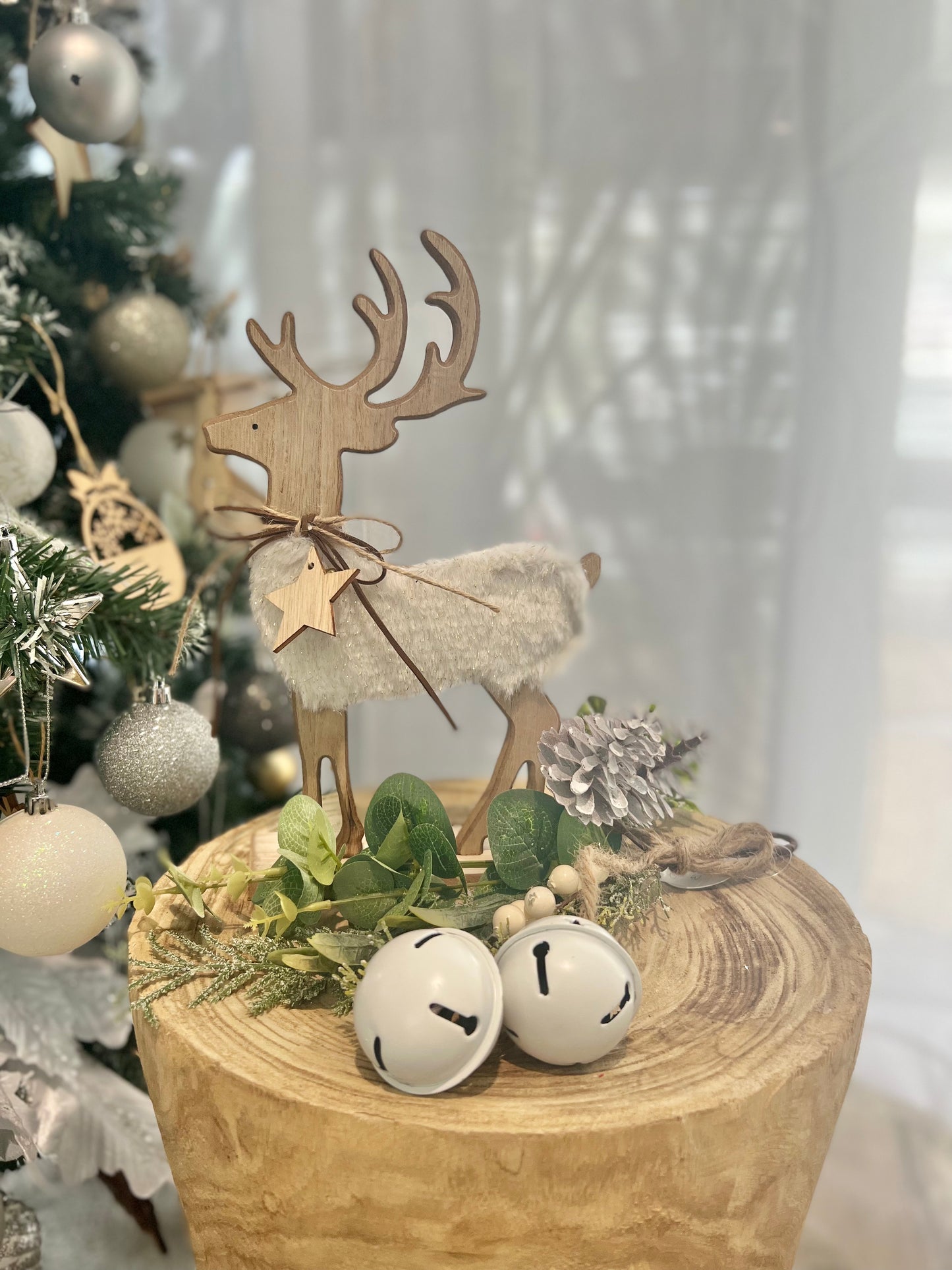 Furry Reindeer Standing Wooden Display - Christmas