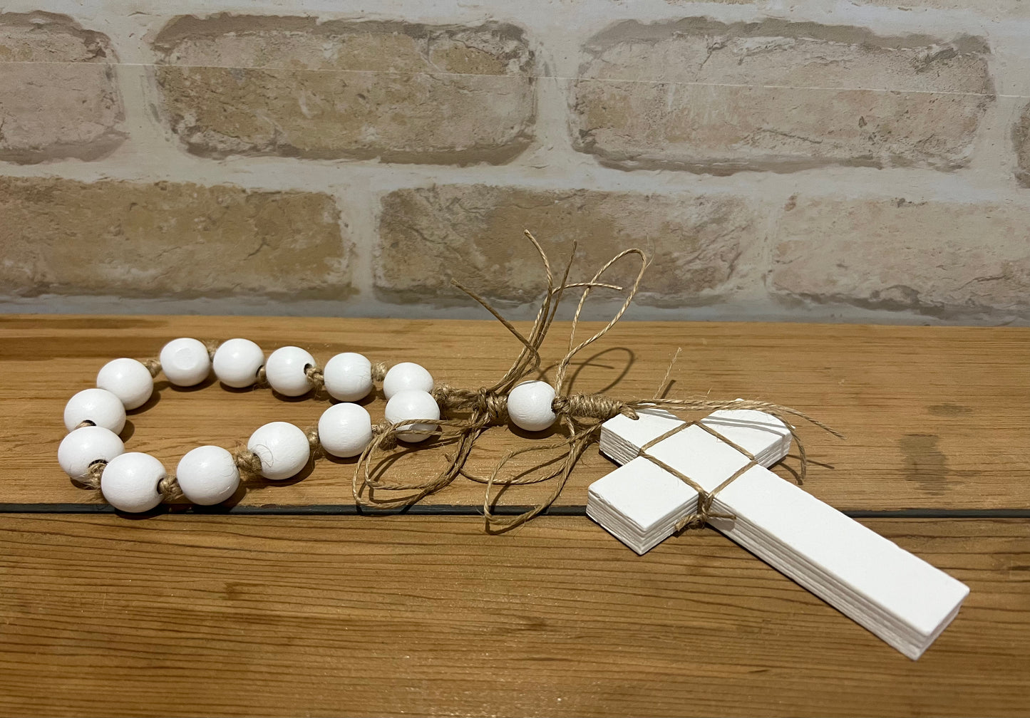 White Wooden Cross with Beads