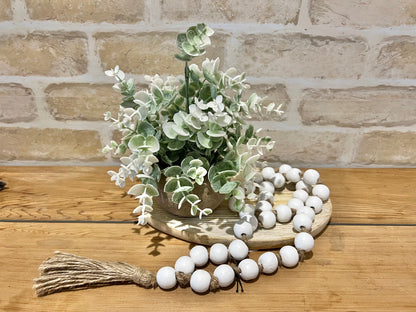 Wooden Beaded Garland with Twine Tassel White